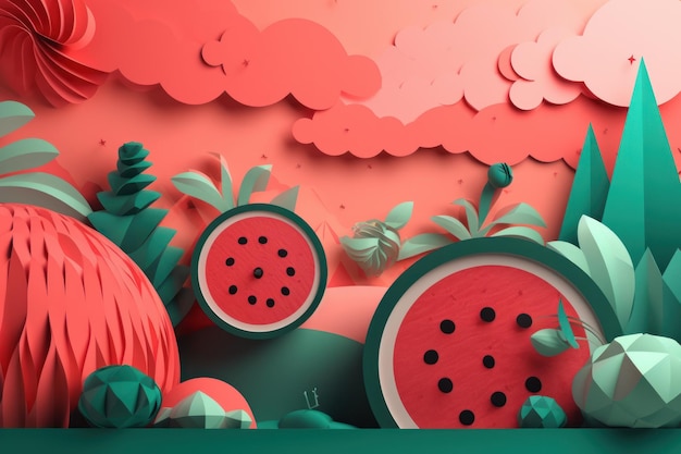 Uma ilustração de corte de papel de melancia e árvores.