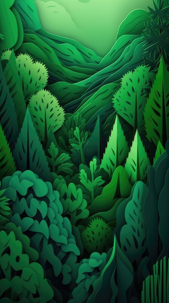 Uma ilustração de corte de papel verde de uma floresta com árvores e montanhas ao fundo.