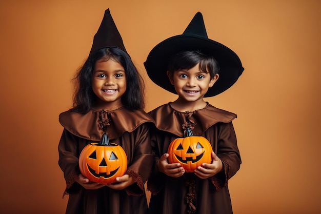 Uma ilustração de crianças vestindo uma fantasia de Halloween gerada por IA