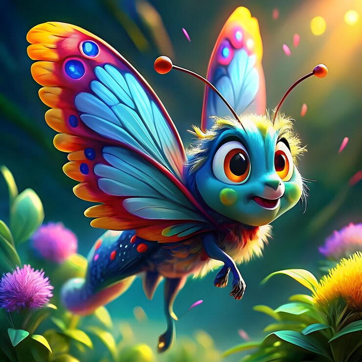 Foto uma ilustração de desenho animado colorido de uma borboleta correndo tema cósmico