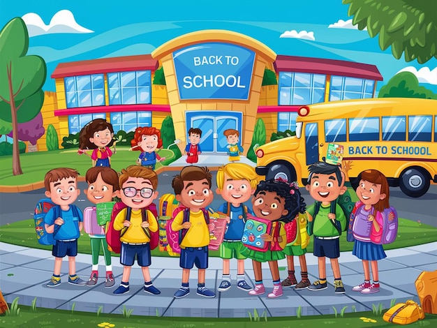 uma ilustração de desenho animado de crianças com um sinal que diz de volta à escola