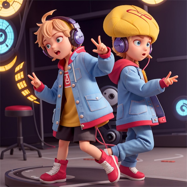uma ilustração de desenho animado de duas crianças usando fones de ouvido e uma usando um chapéu amarelo com a palavra "não" nele.