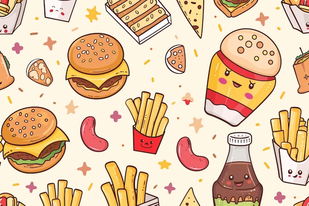 uma ilustração de desenho animado de itens de fast food, incluindo hambúrgueres fritos e uma caixa de batatas fritas