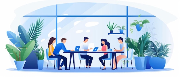 uma ilustração de desenho animado de pessoas trabalhando em um café com um laptop e uma planta na parede
