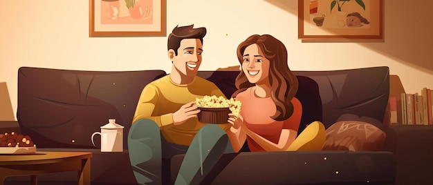 uma ilustração de desenho animado de um casal comendo pipoca e sorrindo