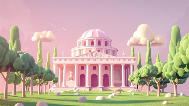 uma ilustração de desenho animado de um edifício com um fundo rosa