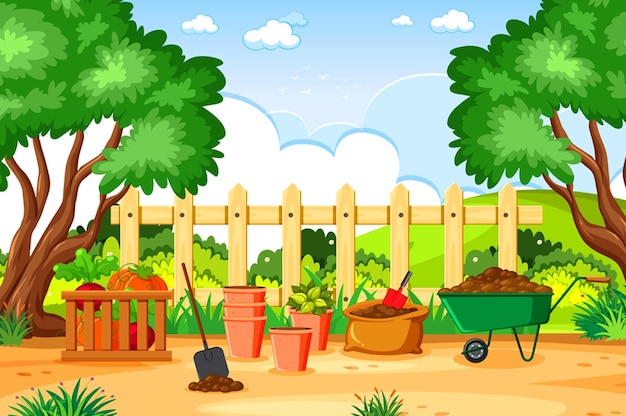 uma ilustração de desenho animado de um jardim com uma cerca e plantas
