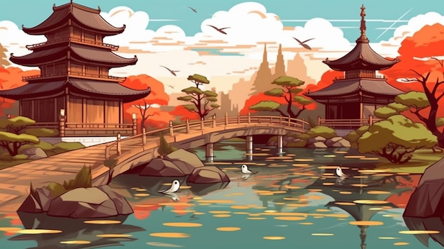 Uma ilustração de desenho animado de um jardim japonês com uma ponte e pagoda generativa ai