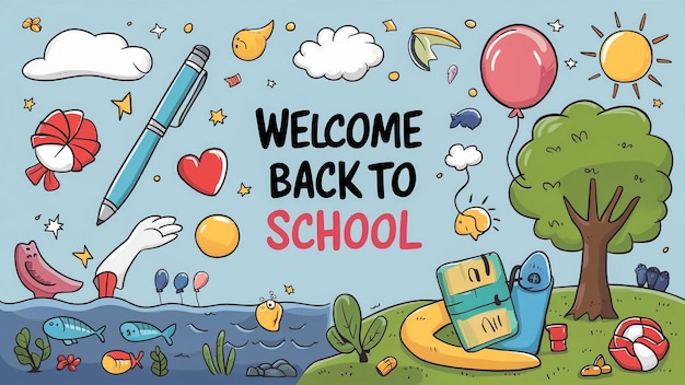 uma ilustração de desenho animado de um livro chamado Bem-vindo de volta à escola