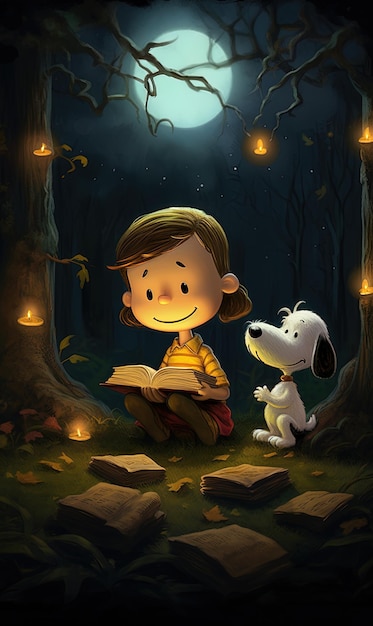 uma ilustração de desenho animado de um menino lendo um livro com um cachorro e uma lua iluminada ao fundo