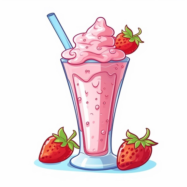 Foto uma ilustração de desenho animado de um milkshake de morango com morangos generativos ai