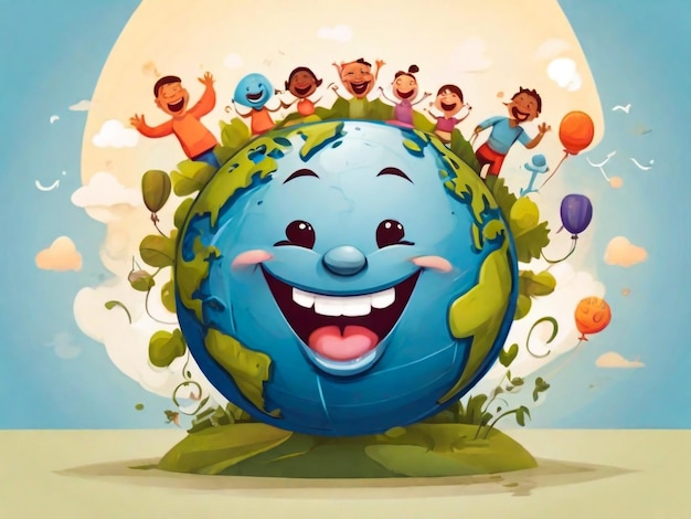 Foto uma ilustração de desenho animado de um planeta azul com pessoas ao seu redor