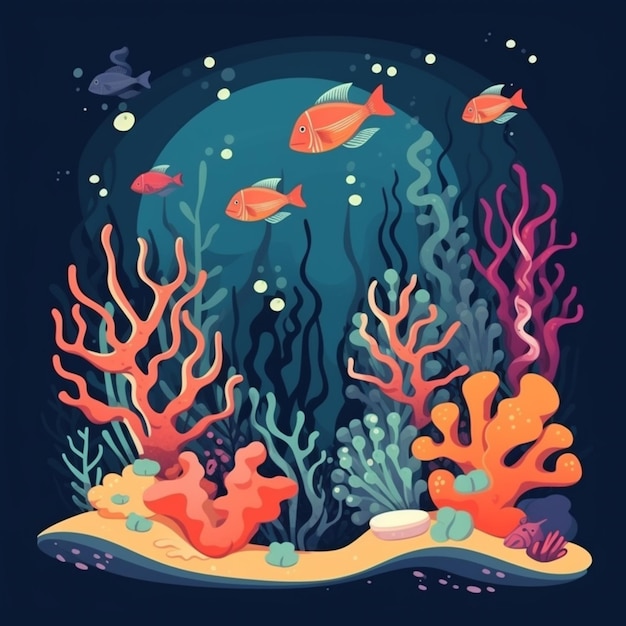 uma ilustração de desenho animado de um recife de coral com peixes e corais generativos ai