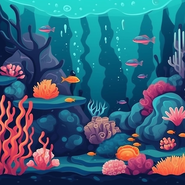 uma ilustração de desenho animado de um recife de coral com peixes e corais generativos ai