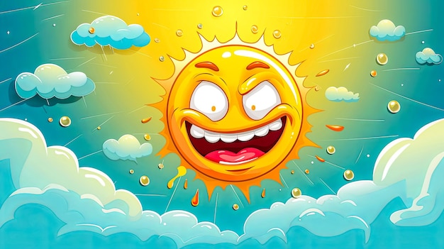 Uma ilustração de desenho animado de um sol sorridente cercado por nuvens