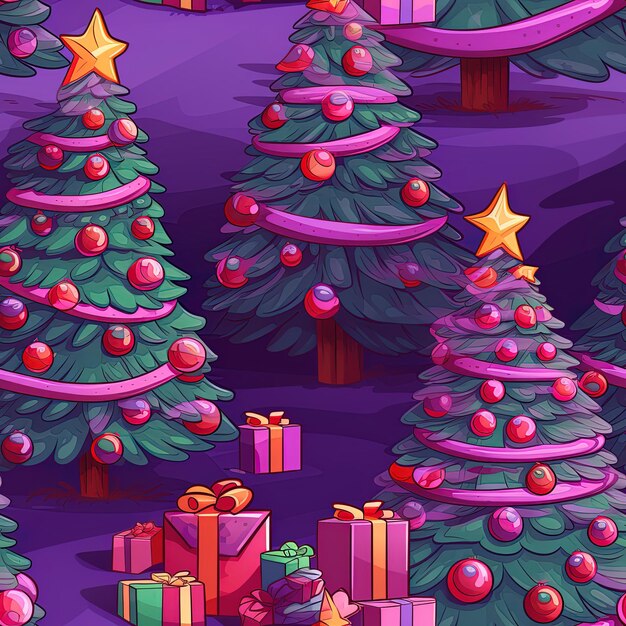 uma ilustração de desenho animado de uma árvore de Natal roxa com uma estrela nela