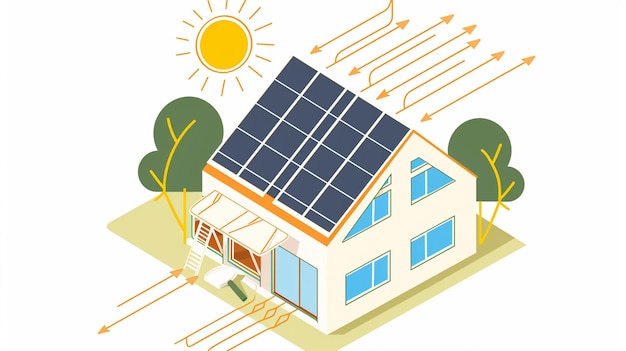 uma ilustração de desenho animado de uma casa com painéis solares no telhado