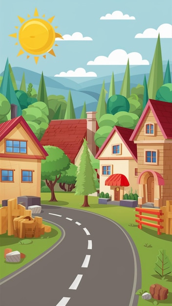 uma ilustração de desenho animado de uma casa com uma casa e árvores