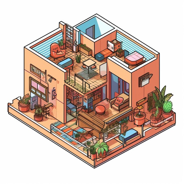 Foto uma ilustração de desenho animado de uma casa com uma sala de estar e uma cozinha generativa ai