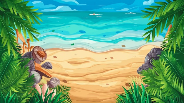 uma ilustração de desenho animado de uma cena de praia com um barco e uma mulher em um barco na água