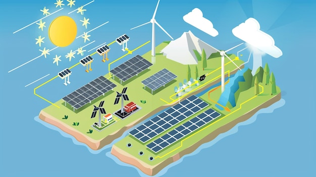 uma ilustração de desenho animado de uma fazenda solar com painéis solares no topo