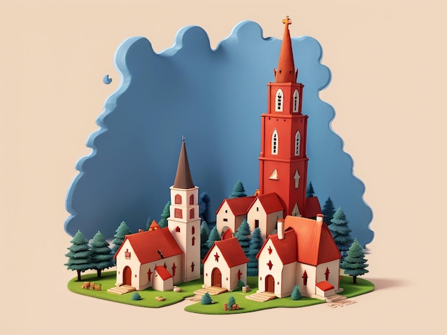 uma ilustração de desenho animado de uma igreja com uma igreja no fundo