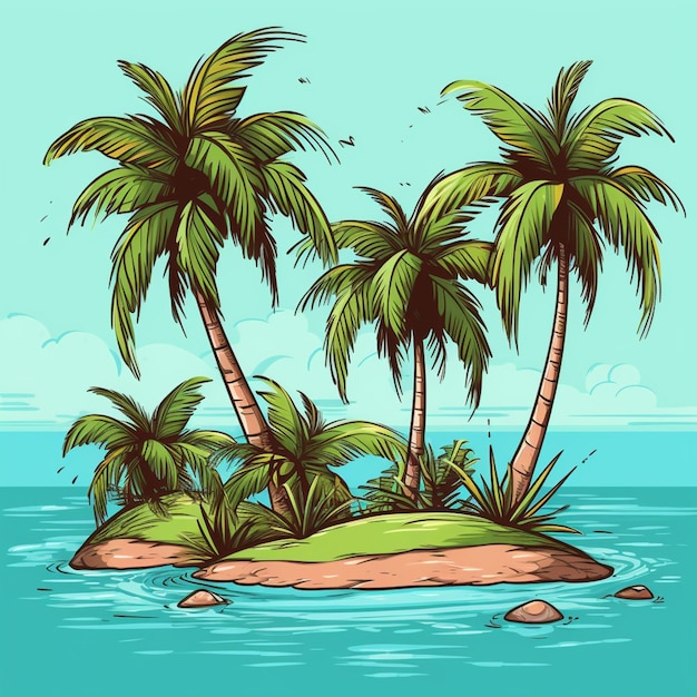 Foto uma ilustração de desenho animado de uma ilha tropical com palmeiras e rochas