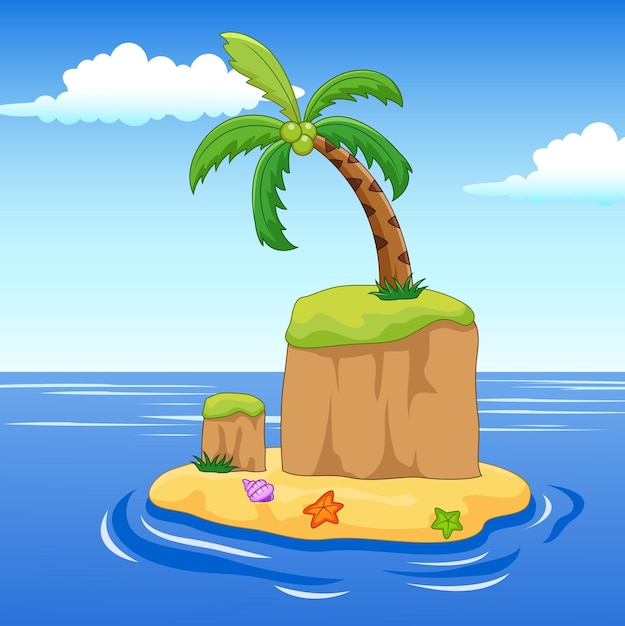 uma ilustração de desenho animado de uma ilha tropical com palmeiras na água