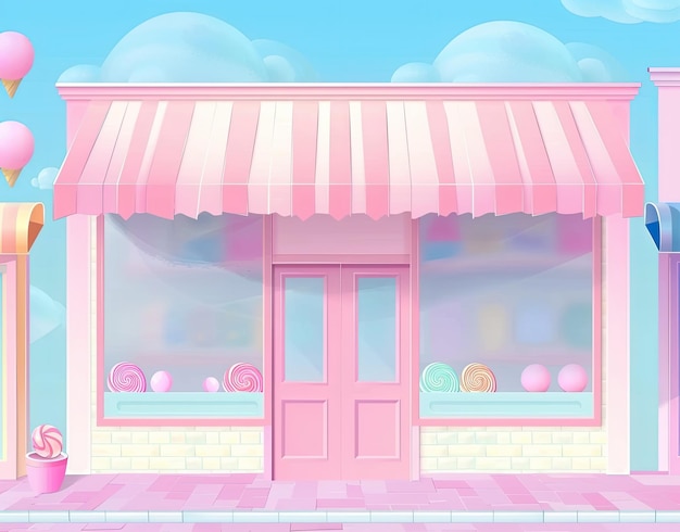 uma ilustração de desenho animado de uma loja com uma porta rosa e um toldo rosa