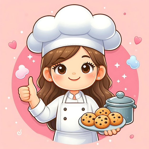 Foto uma ilustração de desenho animado de uma menina com um chapéu de chef dando um sinal de polegar para cima