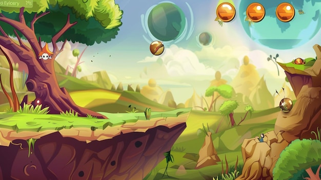 uma ilustração de desenho animado de uma paisagem com planetas e planetas