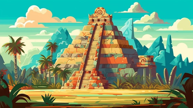 Foto uma ilustração de desenho animado de uma pirâmide na selva generativa ai