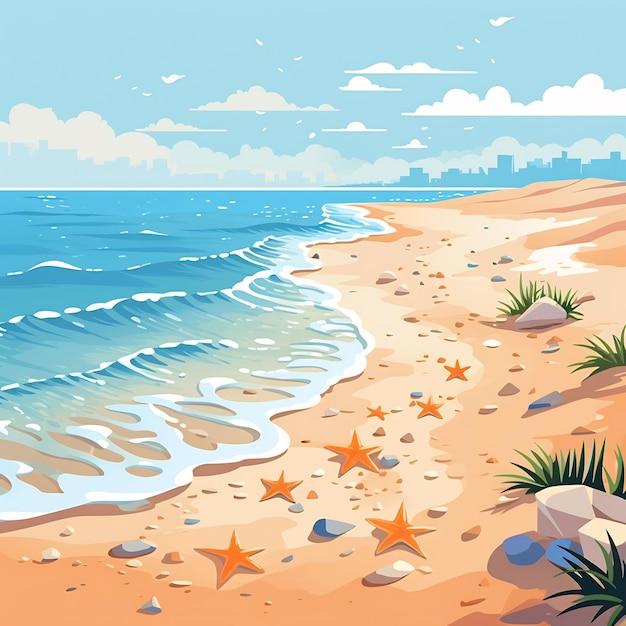 uma ilustração de desenho animado de uma praia com palmeiras e uma cidade ao fundo