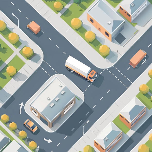Foto uma ilustração de desenho animado de uma rua da cidade com um caminhão e um edifício