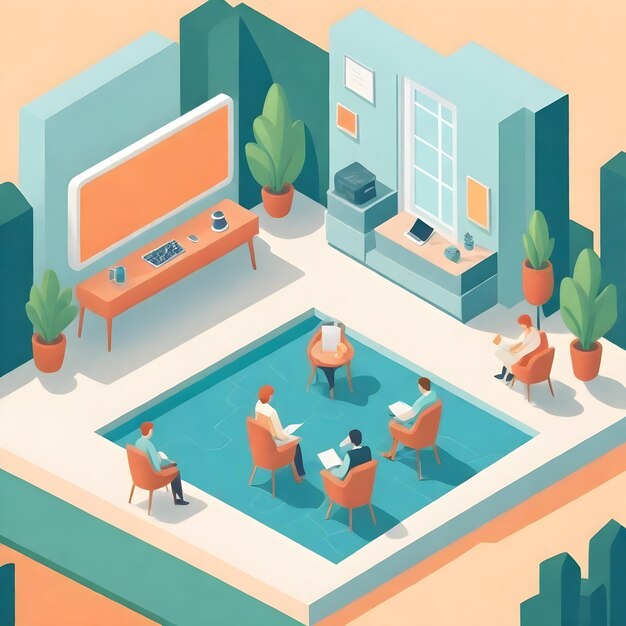 uma ilustração de desenho animado de uma sala de estar com uma mesa e cadeiras
