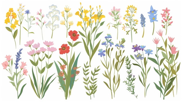 Uma ilustração de diferentes buquês encantadores com flores de jardim e selvagens Uma coleção de várias plantas de caule e folhas isoladas em branco Como decoração ou presente