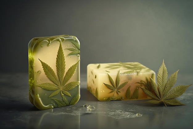 Foto uma ilustração de duas barras de sabão amarelo decoradas com um produto natural para a pele de folha de cannabis