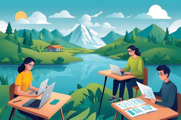 uma ilustração de estilo plano de estudantes usando simulações impulsionadas por IA para estudar cenários de mudança climática ilustração vetorial em estilo plano