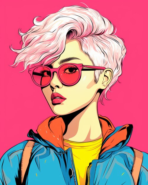 Foto uma ilustração de estilo pop art de uma jovem com cabelo rosa e óculos de sol