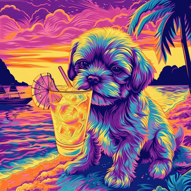 Uma ilustração de estilo psicodélico de um cachorro Shih Tzu bebendo uma pina colada em uma praia tailandesa No fundo há barcos tailandeses v 6 ID de trabalho bdc3fe9aa70d41e78bba2a684c61fa77