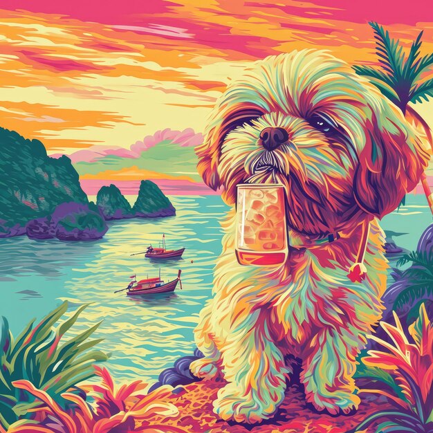 Uma ilustração de estilo psicodélico de um cachorro Shih Tzu bebendo uma pina colada em uma praia tailandesa No fundo há barcos tailandeses v 6 Job ID 0de143df26c94a50852ddbbee81d8ea9
