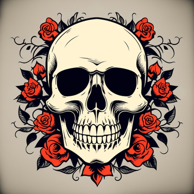 uma ilustração de estilo retro de tatuagem de um crânio com rosas