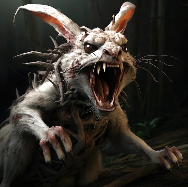 Uma ilustração de fantasia de coelho monstro com um rosto assustador e o wor