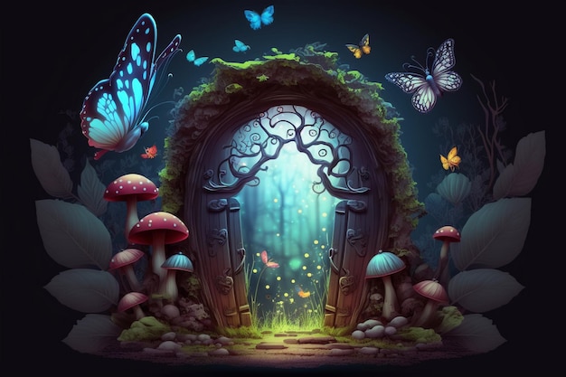Uma ilustração de fantasia de uma porta com uma borboleta nela.