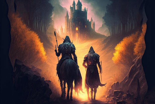 Uma ilustração de fantasia épica com dois cavaleiros em uma missão, belo conto mágico e misterioso Generative AI