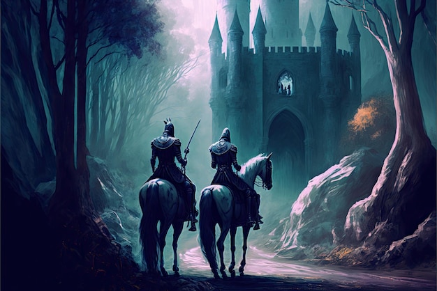Foto uma ilustração de fantasia épica com dois cavaleiros em uma missão, belo conto mágico e misterioso generative ai