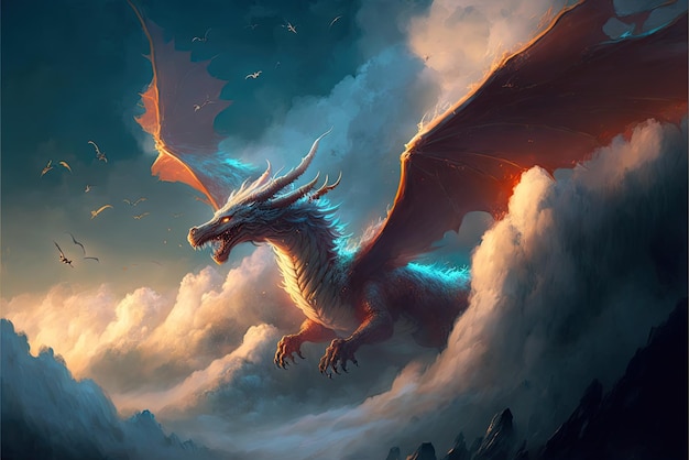 Uma ilustração de fantasia épica com um dragão voando através das nuvens, belo conto mágico e misterioso Generative AI
