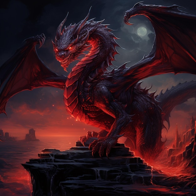 Uma ilustração de fantasia sombria de um mito de dragão vermelho cuspidor de fogo Illustration Generative AI