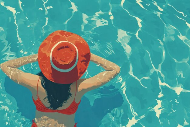 uma ilustração de férias de natação com uma mulher atraente com um chapéu descansando na piscina