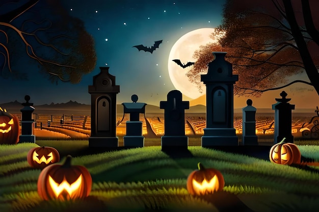 Foto uma ilustração de halloween de um cemitério com abóboras e cemitério ao fundo.